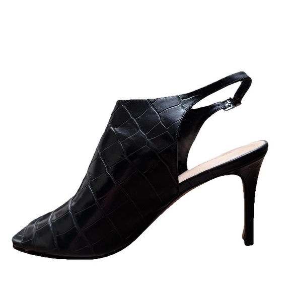 Via Spiga SZ 8 Terese Black Leather 4” Heels Crocodile Embossed Square Peep Toe - Picture 1 of 11